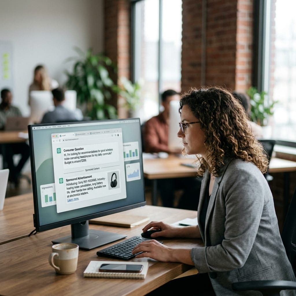 Digital marketer reviewing ChatGPT advertising opportunities created by conversational intent. – Elite Solutions Digital Marketing Agency