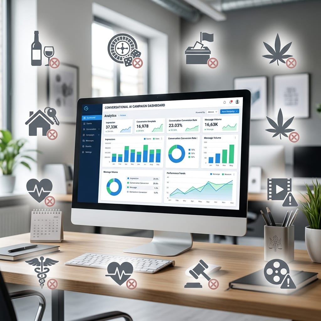 Eight industries affected by ChatGPT ad restrictions shown around a digital advertising interface. – Elite Solutions Digital Marketing Agency